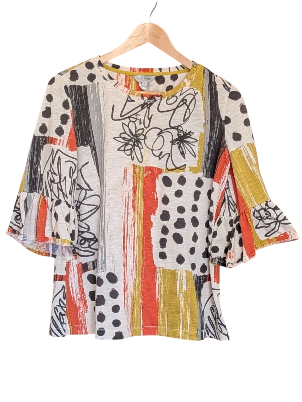 MULTIPLES Artistic Abstract Print Ruffle Sleeve Top S Flowy Artsy Casual